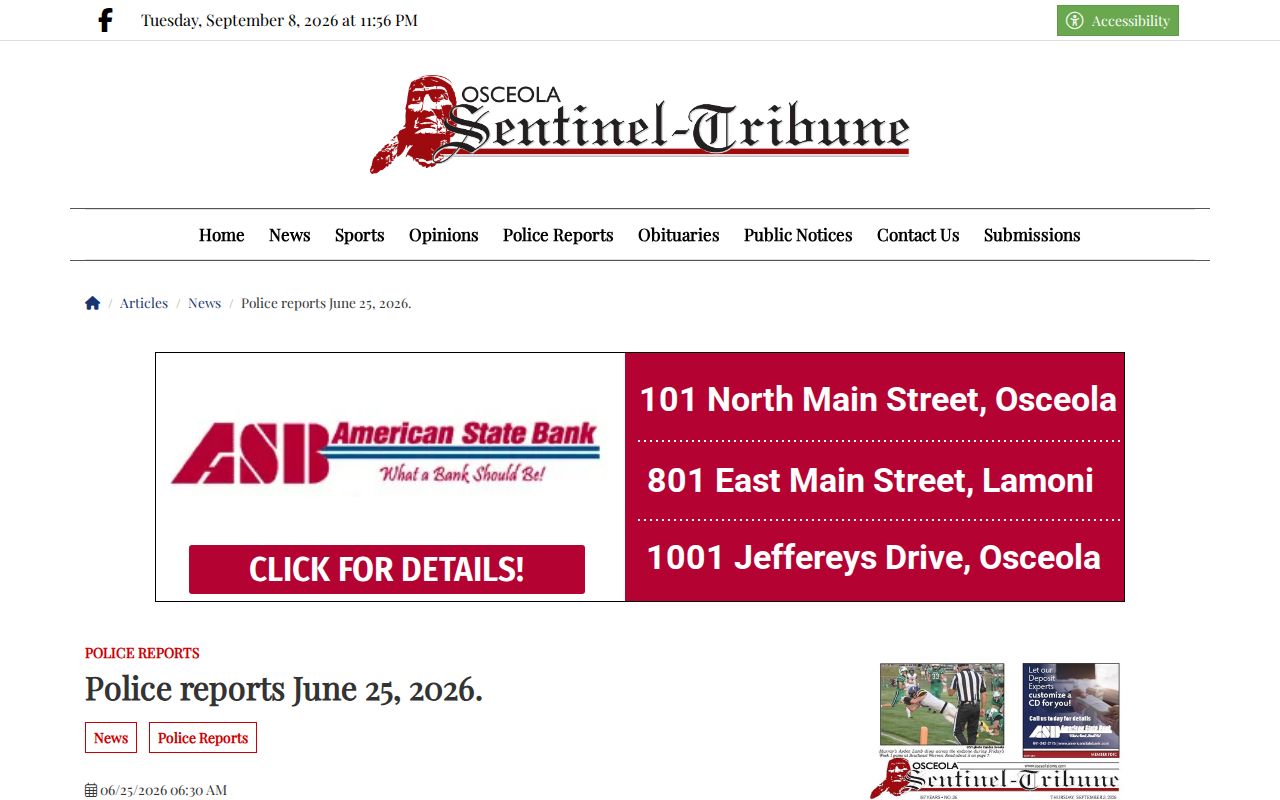 Sentinel-Tribune Osceola police report article header and non-sensitive report area