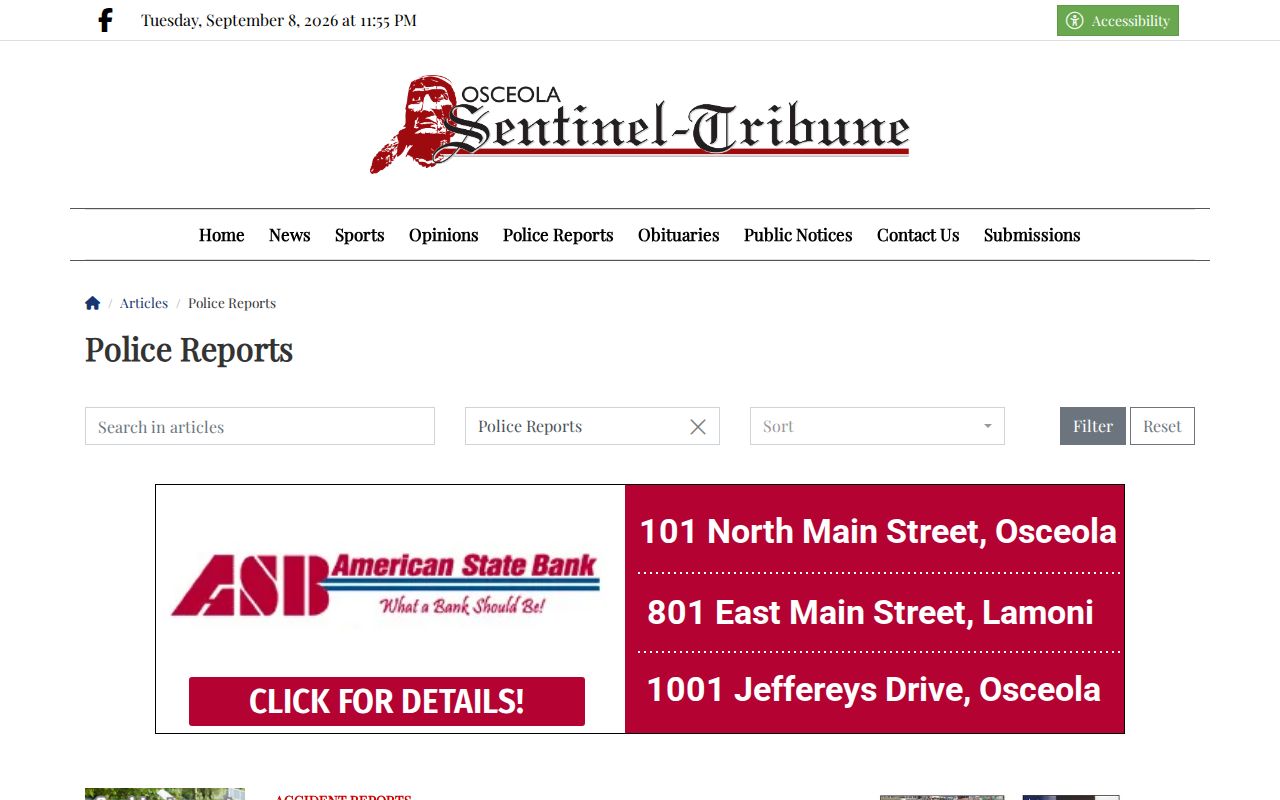 Sentinel-Tribune periodic Osceola police reports category with publication dates