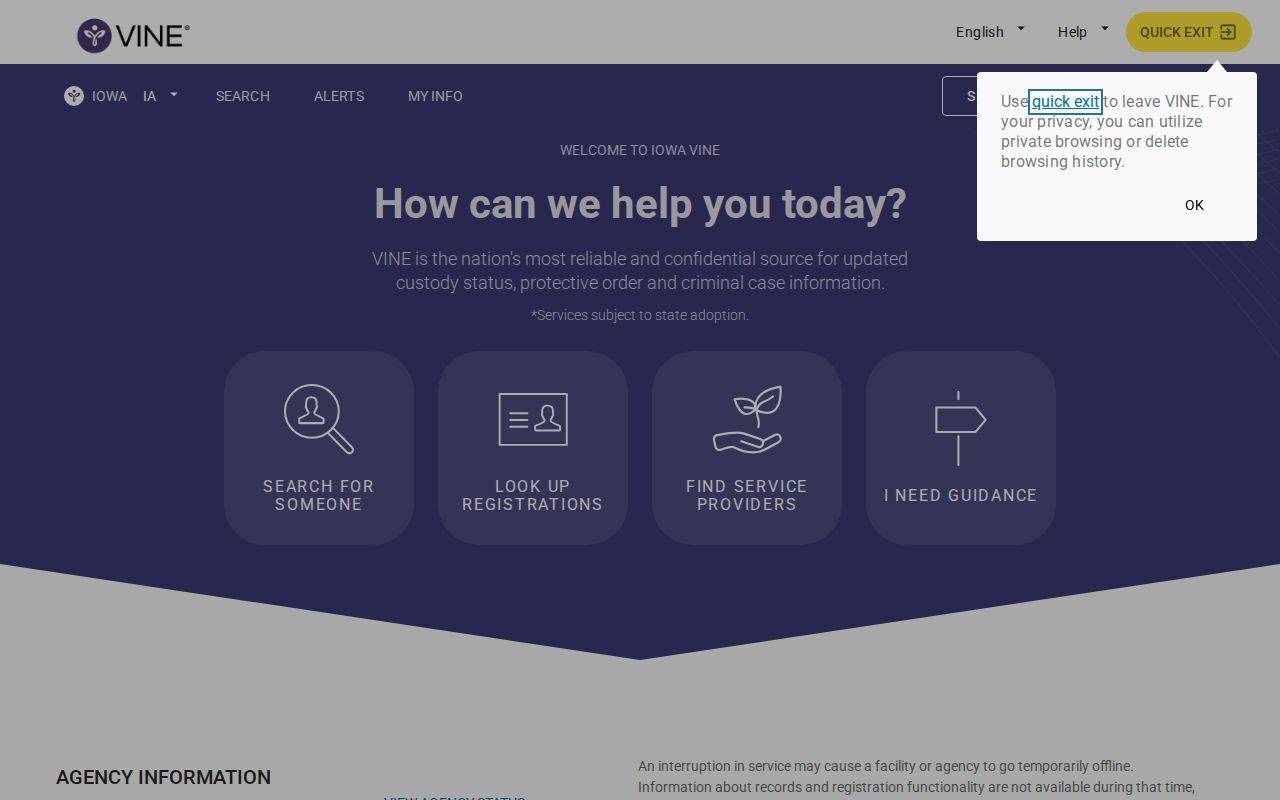 Iowa VINE search form for selecting the state and searching custody records without personal data