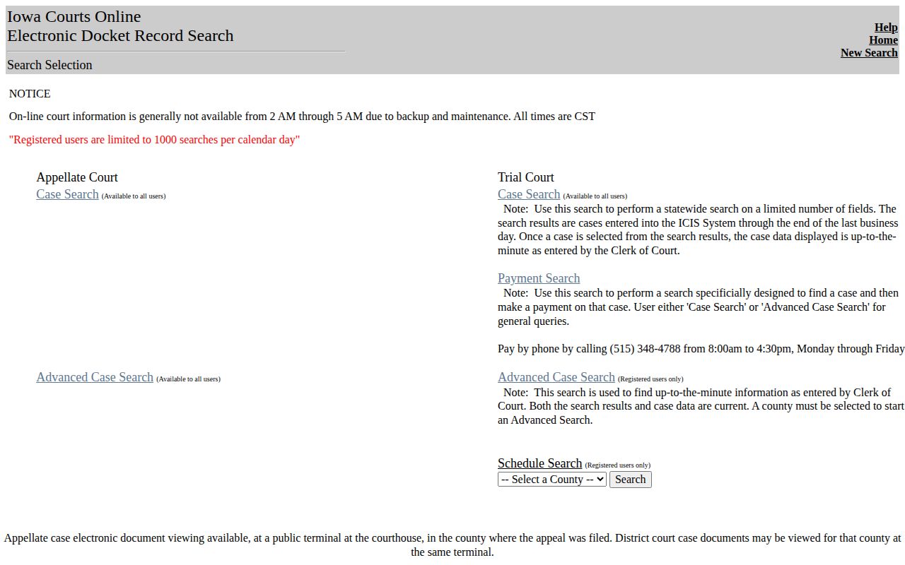 Blank Iowa Courts Online official case search interface